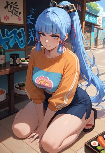 genshin impact,Kamisato_Ayaka,cropped graffiti sweatshirt,dolphin shorts  - AI generated anime art