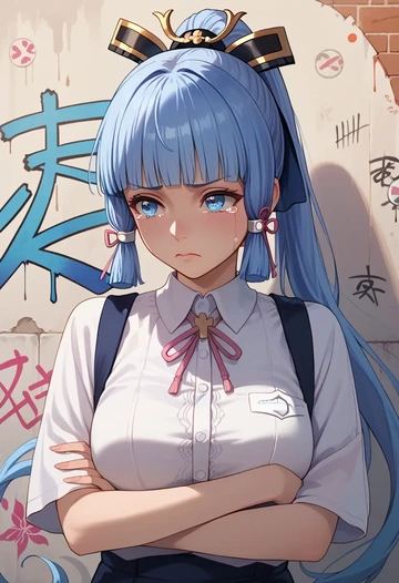 genshin impact,Kamisato_Ayaka,oversized graffiti shirt,dolphin shorts  - AI generated anime art