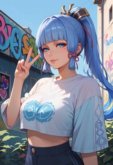 genshin impact,Kamisato_Ayaka,cropped graffiti sweatshirt,dolphin shorts  - AI generated anime art