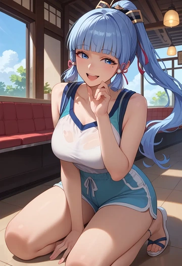 genshin impact,Kamisato_Ayaka,sleeveless swim top,shorts-style bottom,contrast stitching  - AI generated anime art