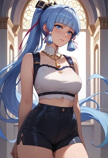 genshin impact,Kamisato_Ayaka,leather,shorts,crop top  - AI generated anime art