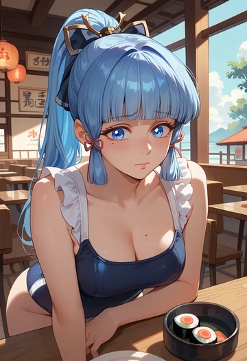 genshin impact,Kamisato_Ayaka,retro style swimsuit,frilled neckline,bow detail  - AI generated anime art