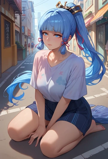 genshin impact,Kamisato_Ayaka,tie-dye shirt,dolphin shorts  - AI generated anime art