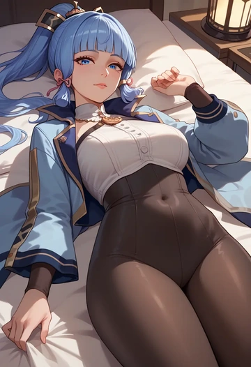 genshin impact,Kamisato_Ayaka,denim jacket,cropped,leather leggings  - AI generated anime art