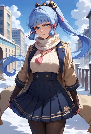 genshin impact,Kamisato_Ayaka,winter,student uniform,puffer coat  - AI generated anime art