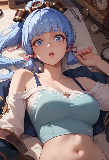 genshin impact,Kamisato_Ayaka,off-shoulder top,dolphin shorts  - AI generated anime art