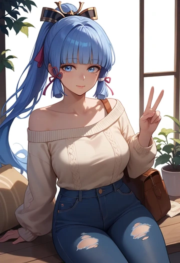 genshin impact,Kamisato_Ayaka,sweater,off-shoulder,ripped jeans  - AI generated anime art