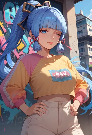 genshin impact,Kamisato_Ayaka,cropped graffiti sweatshirt,dolphin shorts  - AI generated anime art