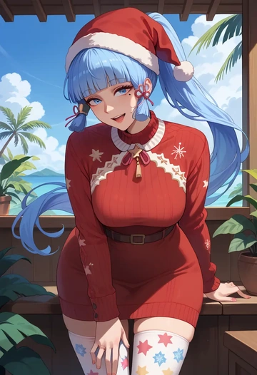 genshin impact,Kamisato_Ayaka,Christmas,sweater dress,stockings  - AI generated anime art