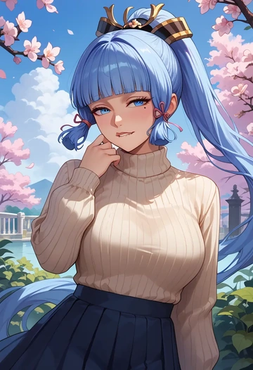 genshin impact,Kamisato_Ayaka,skirt,pleated,turtleneck sweater  - AI generated anime art