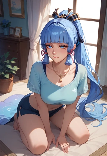 genshin impact,Kamisato_Ayaka,crop top,loose joggers,headset  - AI generated anime art