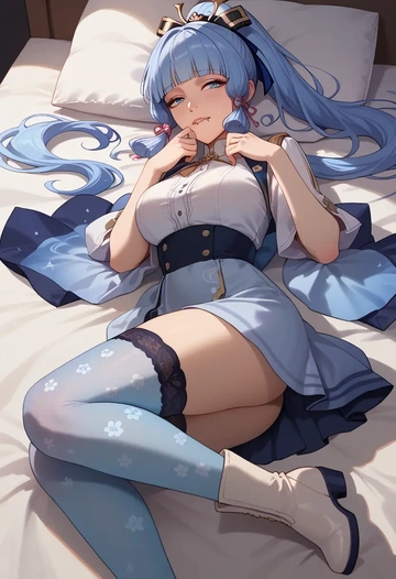 genshin impact,Kamisato_Ayaka,shirt dress,belted,stockings  - AI generated anime art