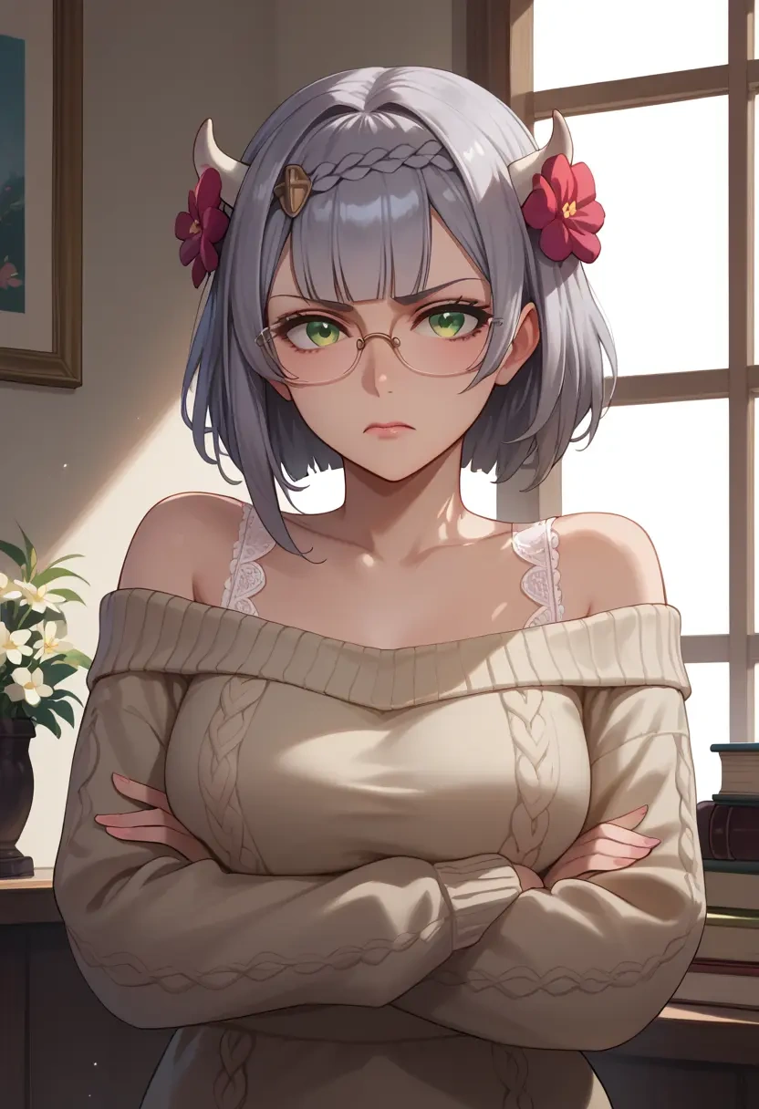 genshin impact,Noelle,sweater,panties,off-shoulder,glasses,sexy  - 