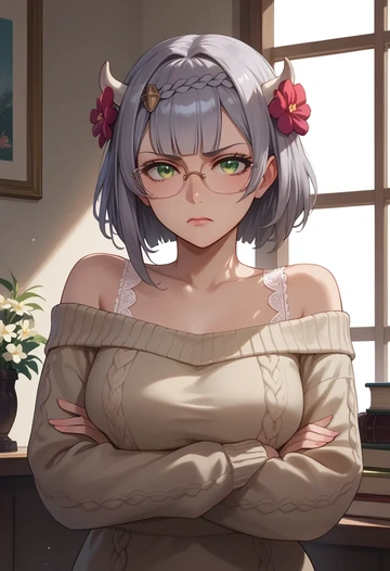 genshin impact,Noelle,sweater,panties,off-shoulder,glasses,sexy  - AI generated anime art