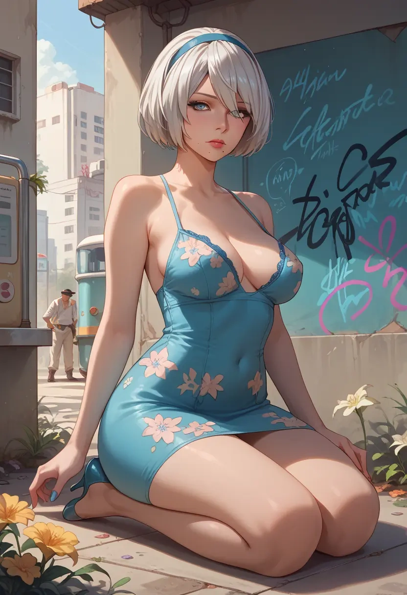 nier_automata,a2_(nier_automata),floral graffiti blouse,dolphin shorts  - 