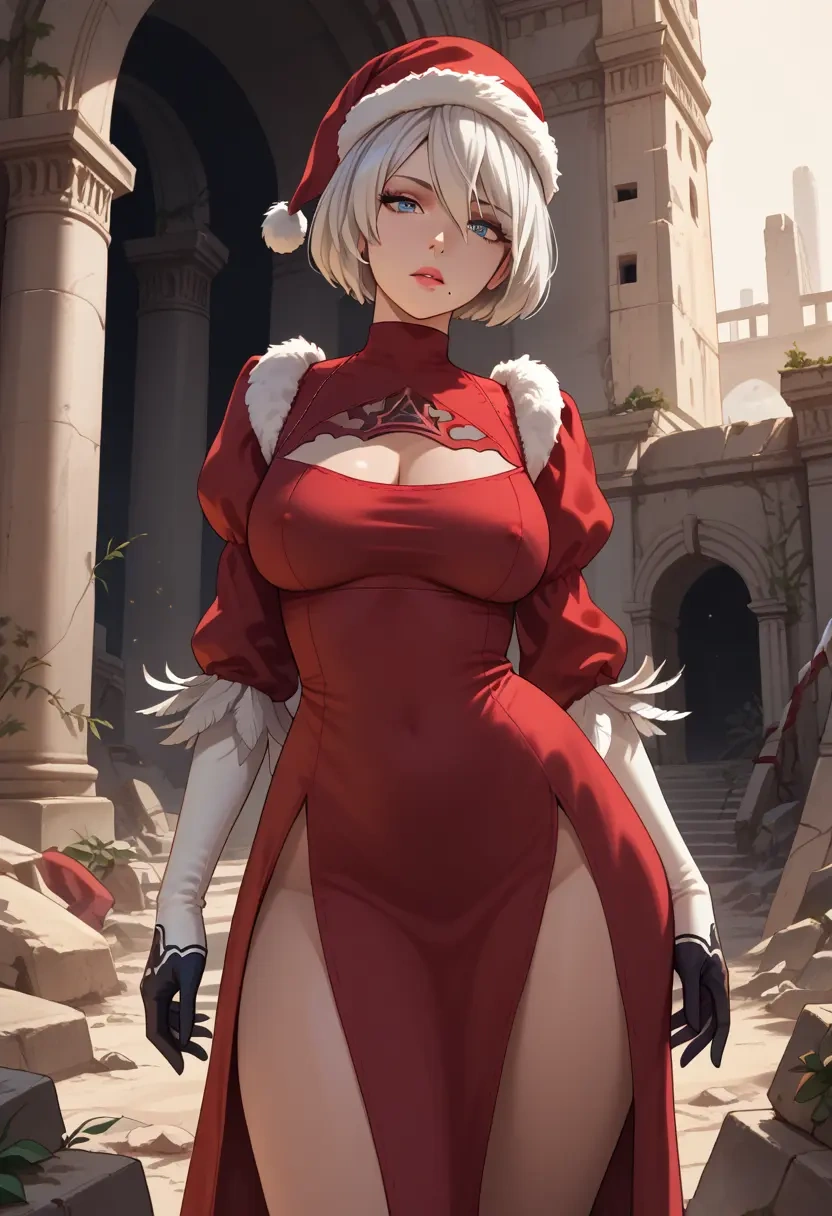 nier_automata,a2_(nier_automata),Christmas,red velvet dress  - 