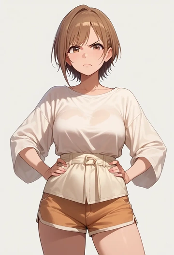 idolmaster,abe_nana,graphic tee,shorts,sneakers  - AI generated anime art