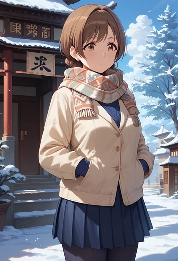 idolmaster,abe_nana,winter,student uniform,puffer jacket  - AI generated anime art