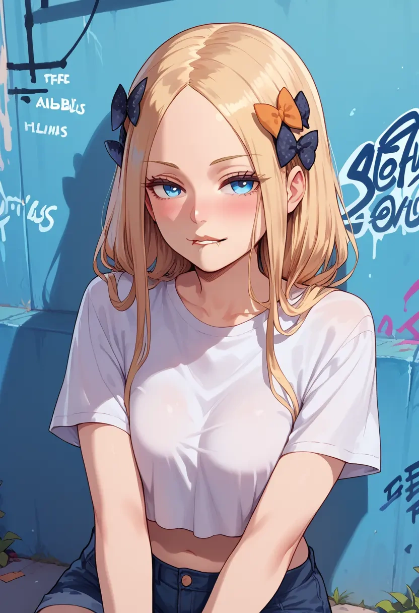 fate_(series),abigail_williams_(fate),crop graffiti tee,dolphin shorts  - 