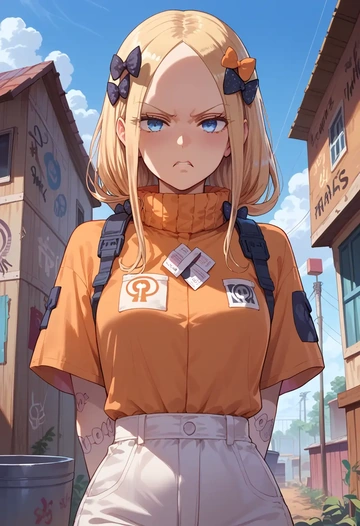 fate_(series),abigail_williams_(fate),patchwork graffiti top,dolphin shorts  - AI generated anime art