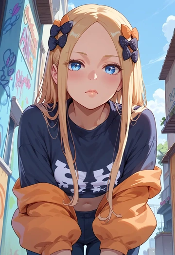 fate_(series),abigail_williams_(fate),cropped graffiti sweatshirt,dolphin shorts  - AI generated anime art