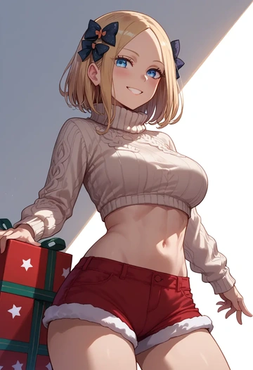 fate_(series),abigail_williams_(swimsuit_foreigner)_(fate),Christmas,red velvet shorts,turtleneck sweater  - AI generated anime art