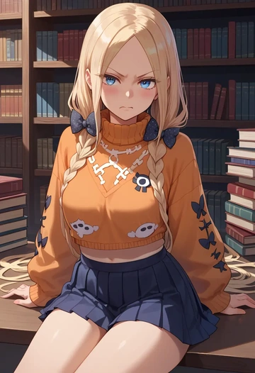 fate_(series),abigail_williams_(swimsuit_foreigner)_(fate),sweater,cropped,pleated midi skirt  - AI generated anime art