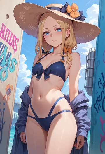 fate_(series),abigail_williams_(swimsuit_foreigner)_(fate),neon graffiti top,dolphin shorts  - AI generated anime art