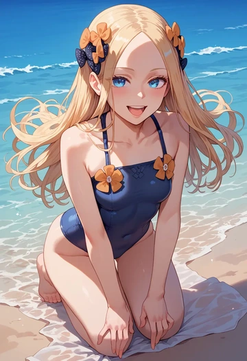 fate_(series),abigail_williams_(swimsuit_foreigner)_(fate),mesh graffiti top,dolphin shorts  - AI generated anime art