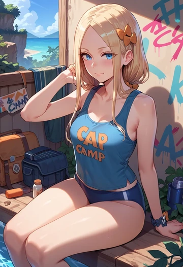 fate_(series),abigail_williams_(swimsuit_foreigner)_(fate),abstract graffiti tank,dolphin shorts  - AI generated anime art