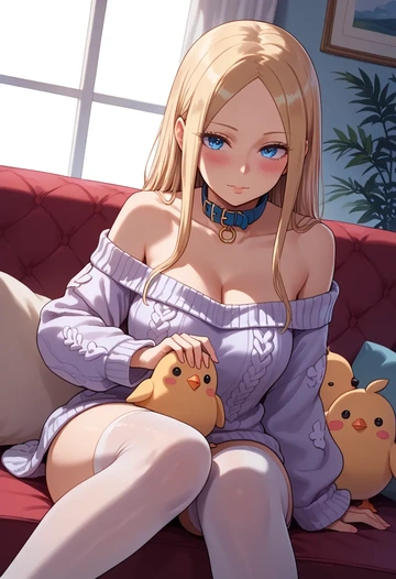 fate_(series),abigail_williams_(traveling_outfit)_(fate),blushing,collar,off-shoulder,sweater,stockings  - AI generated anime art