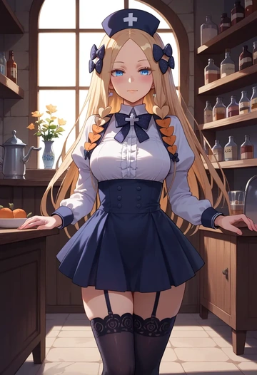 fate_(series),abigail_williams_(traveling_outfit)_(fate),nurse pantyhose,mini skirt, sexy  - AI generated anime art