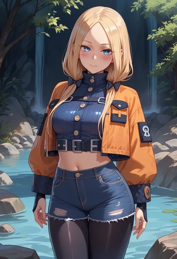 fate_(series),abigail_williams_(traveling_outfit)_(fate),denim jacket,cropped,leather leggings  - AI generated anime art