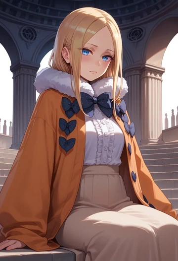 fate_(series),abigail_williams_(traveling_outfit)_(fate),coat,fur-collar,tailored trousers  - AI generated anime art