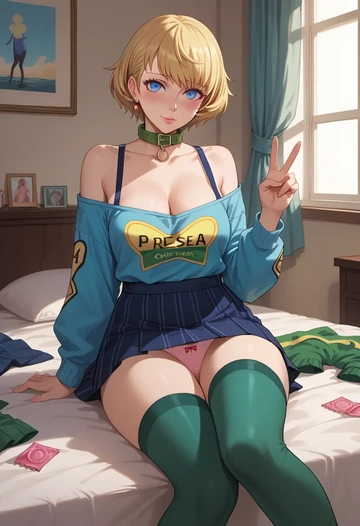 persona,aegis_(persona),blushing,collar, peace sign, condom,mini skirt,Thigh garters  - AI generated anime art