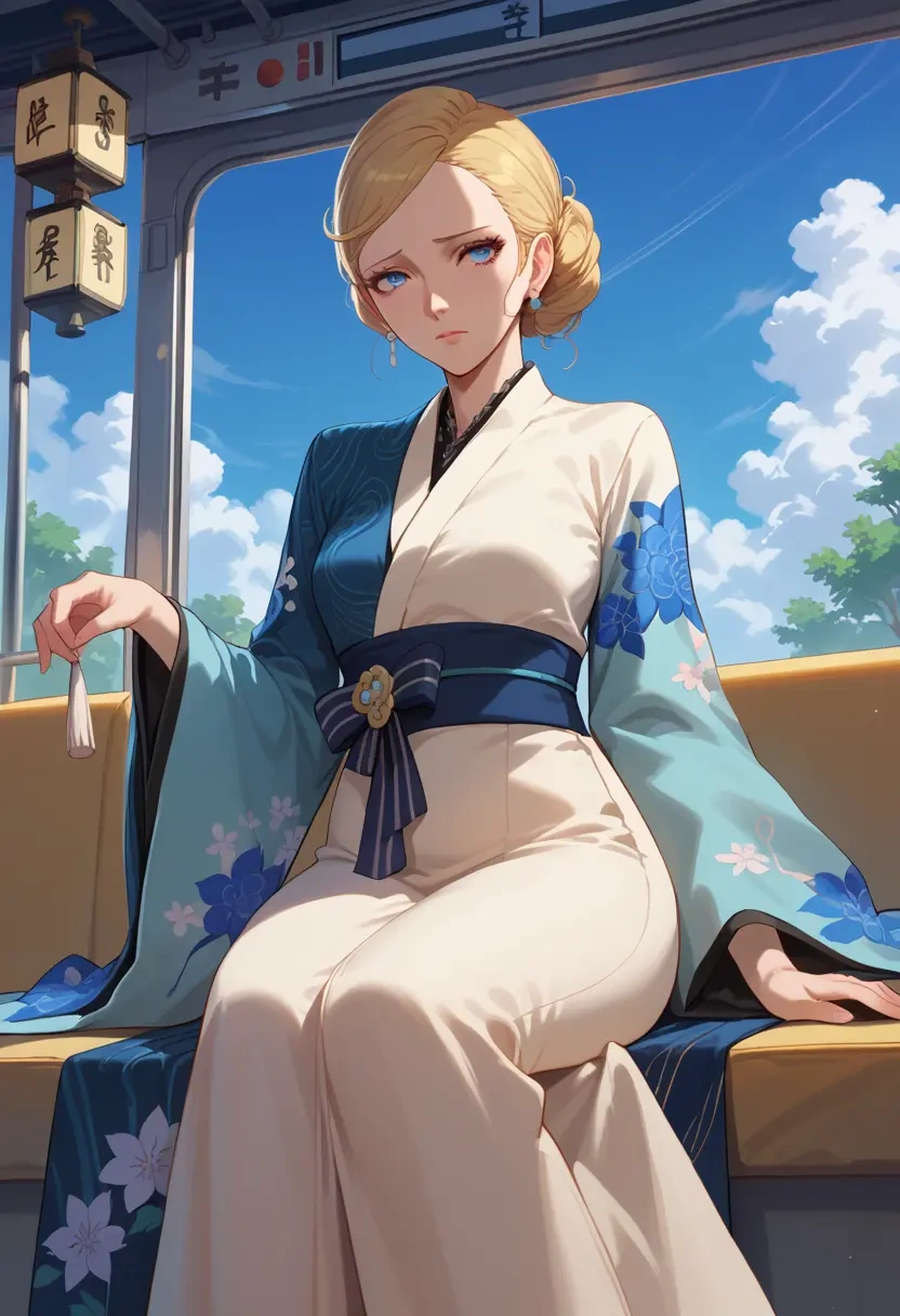 persona,aegis_(persona),kimono,silk,wide-leg trousers  - 