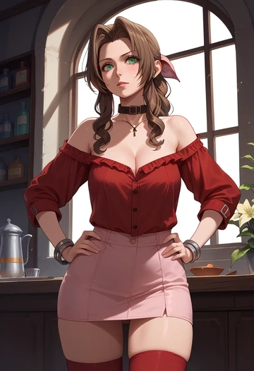 final_fantasy,aerith_gainsborough,collar,oversized,Thigh garters  - AI generated anime art