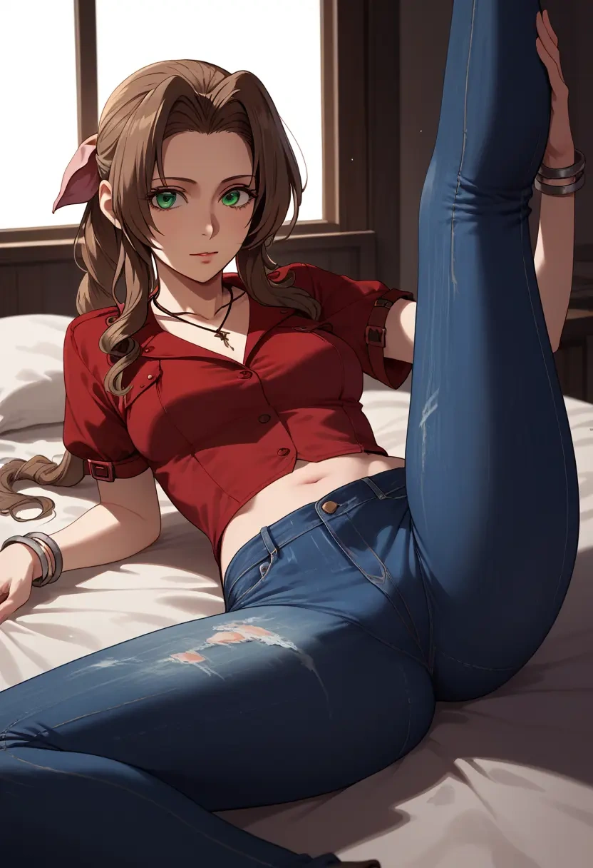 final_fantasy,aerith_gainsborough,jeans shorts,spread legs,one leg up,sexy  - 