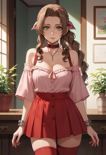 final_fantasy,aerith_gainsborough,collar,oversized,Thigh garters  - AI generated anime art