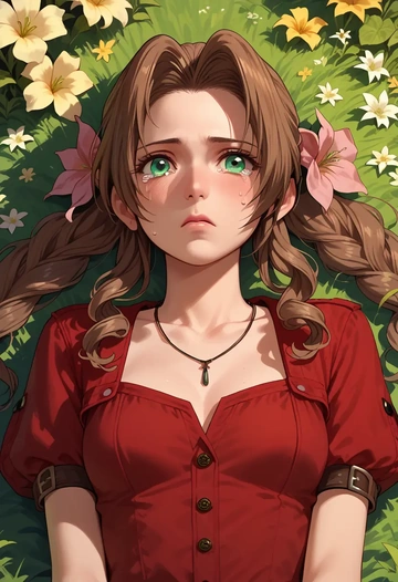 final_fantasy,aerith_gainsborough,patchwork graffiti top,dolphin shorts  - AI generated anime art