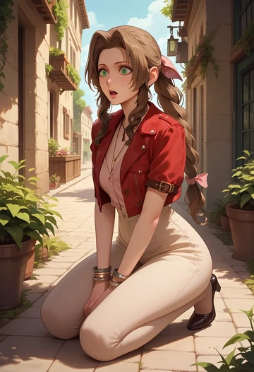 final_fantasy,aerith_gainsborough,mesh graffiti top,dolphin shorts  - AI generated anime art