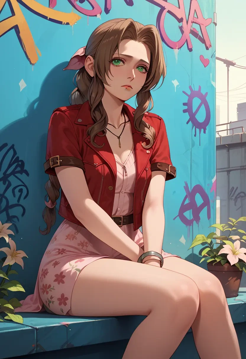 final_fantasy,aerith_gainsborough,floral graffiti blouse,dolphin shorts  - 