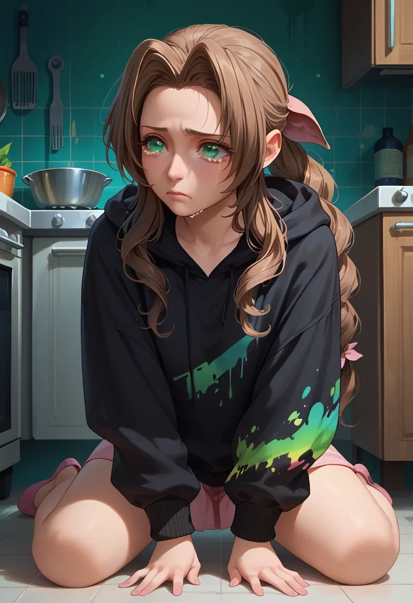 final_fantasy,aerith_gainsborough,oversized graphic hoodie,thigh-high socks,shorts  - 