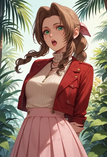 final_fantasy,aerith_gainsborough,skirt,pleated,turtleneck sweater  - AI generated anime art