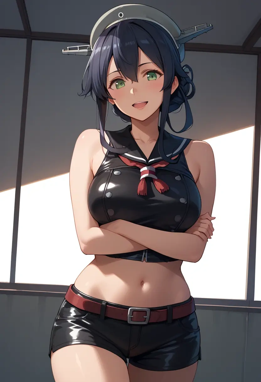 kantai_collection,agano_(kancolle),leather,shorts,crop top  - 