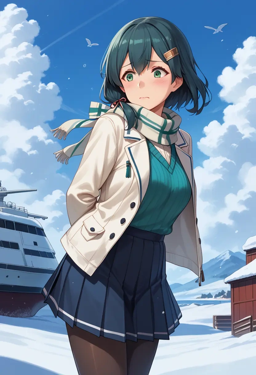 kantai_collection,agano_(kancolle),winter,student uniform,puffer jacket  - 