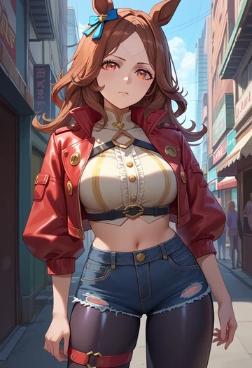 umamusume,agnes_tachyon_(umamusume),denim jacket,cropped,leather leggings  - AI generated anime art