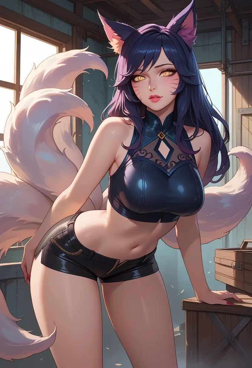 league_of_legends,ahri_(league_of_legends),leather,shorts,crop top  - 