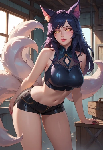 league_of_legends,ahri_(league_of_legends),leather,shorts,crop top  - AI generated anime art