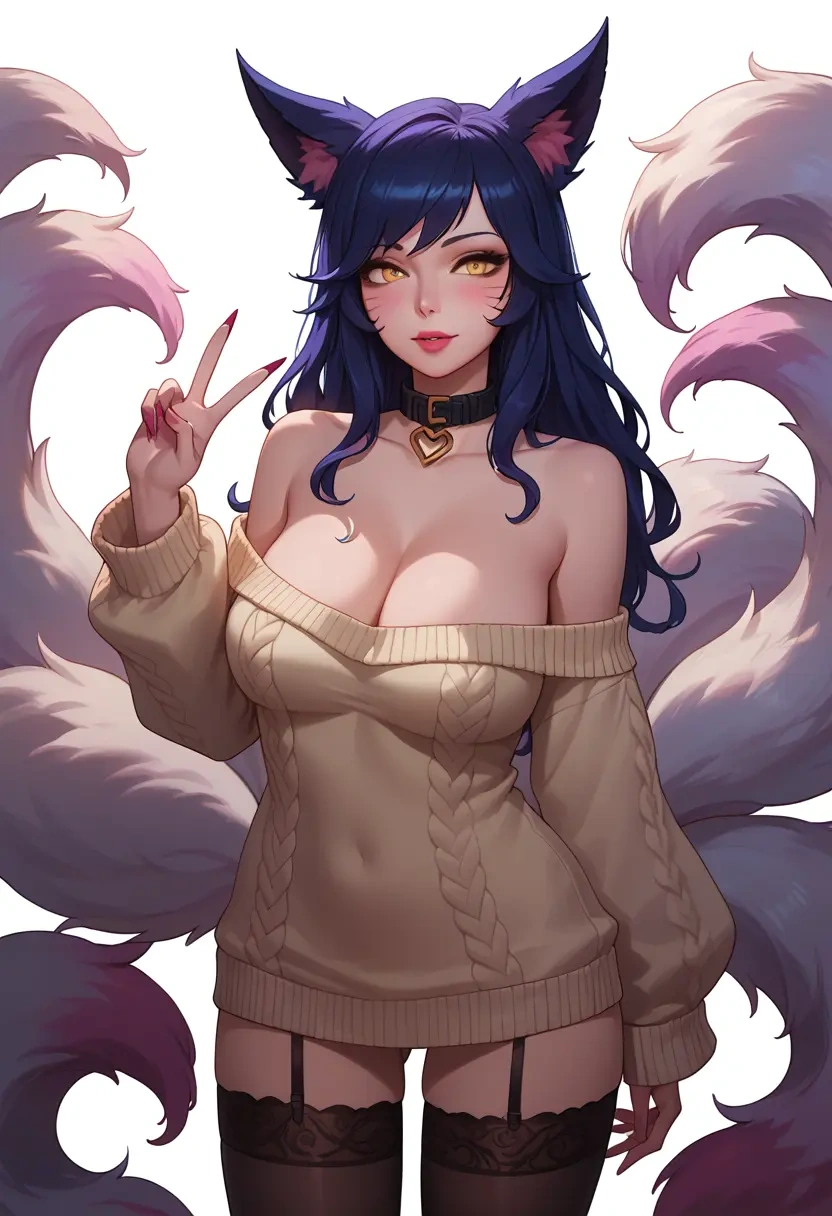 league_of_legends,ahri_(league_of_legends),blushing,collar,off-shoulder,sweater,stockings  - 